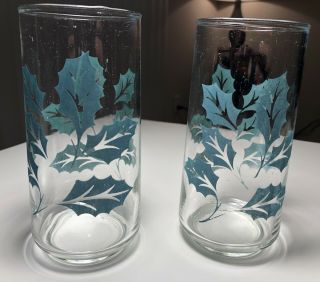 Set Of Two Mid - Century Modern Mcm Retro Glasses W/ Teal Leaves