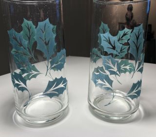 Set Of Two Mid - Century Modern MCM Retro Glasses W/ Teal Leaves 2