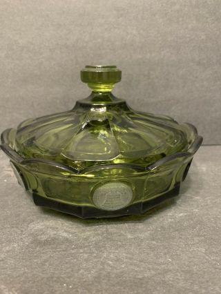 Vintage Fostoria Olive Green Coin Glass Candy Dish With Lid
