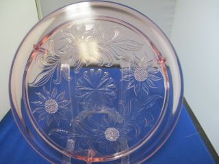 Jeannette Pink Depression Glass Cake Plate Sunflowers 3 Footed Floral 10 "