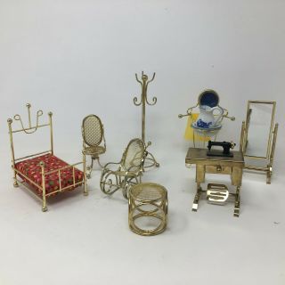 8 Piece Set Of Vintage Goldtone Metal Dollhouse Furniture Retro Mid Century