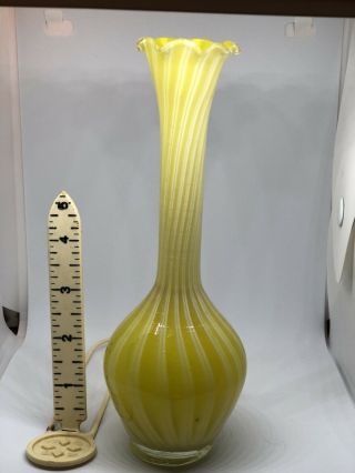 Vintage Norleans Yellow & White Swirled Art Glass Bud Vase Studio Fluted Ruffled