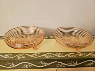 Two Anchor Hocking Pink Depression Glass Manhattan Footed Candy Dish