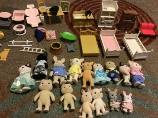 Calico Critters Doll House Family 15 Figures,  Furniture And Misc.
