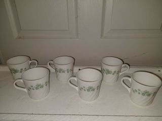 Corning Callaway Set Of 6 Ivy Coffee Tea Mugs Cups 8 Oz White Green Swirl/mint