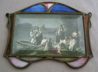 Vintage Handmade Stain Glass Hanging Mirror On Copper People Portrait