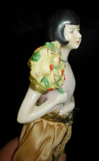 Antique German Porcelain Half Doll - Lady Holding Bouquet Flowers Brush Art Deco