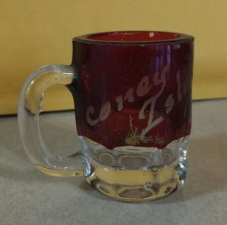 1909 Coney Island Souvenir 2 " Tall Ruby Red Flash Glass Mug With Handle