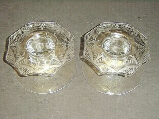 Pair Crystal Etched Mushroom 2 - 1/2 " 8 - Point Rim Candle Holders Lancaster Glass ?