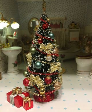 Dollhouse Miniature Christmas Tree With Ornaments And Two Gift Boxes