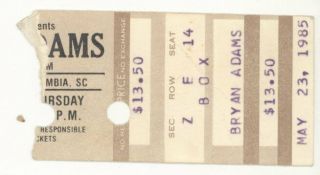Rare Bryan Adams 5/23/85 Columbia Sc Concert Ticket Stub Brian & 2 Other Stubs