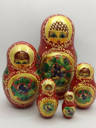 Russian Matryoshka Signed Wooden Nesting Dolls 6.  5” Set 5 Collectible Red Gold
