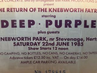 Deep Purple - The Knebworth Fayre 1985 Ticket - - Rock History