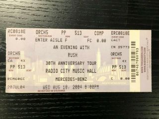Rush Full Concert Ticket - August 18,  2004 - Radio City Music Hall Nyc