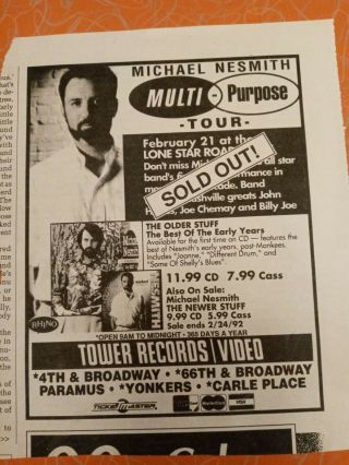 Michael Nesmith The Monkees Solo Tour Clippings & Promo Flyer for Nezmuzic 1989 2