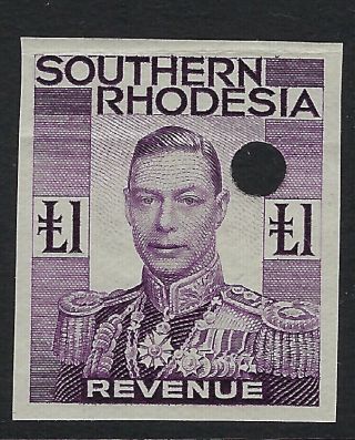 Southern Rhodesia: 1937 Gvi £1 Revenue Stamp Imperf Proof Bft21 Hole Cancel