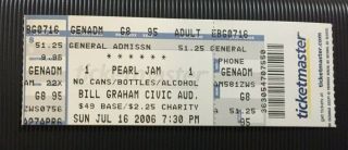 Pearl Jam Full Concert Ticket Stub Crease - Bill Graham Auditorium Sf 2006