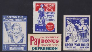 Us Vintage 4 War Relief Cinderella Stamps Buy Bonds,  Greek War Relief L81