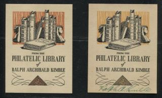 Ralph Archibald Kimble Two Philatelic Library Book Plates,  One Signed