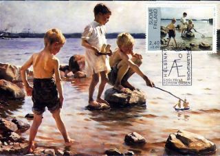 Albert Edelfelt Boys Playing On The Shore Paint Finland Fdc Maxi Card 1995