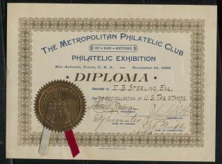 Metropolitan Philatelic Club Of San Antonio 1895 Diploma To E.  B.  Stirling Us Tax