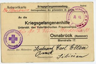 Germany Pow Red Cross Postcard Sent To Omsk,  Siberia 1917 Long Msg (a627)