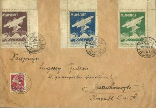 1933 Hungary Boy Scout World Jamboree Three Air Flight Labels Cancelled On Cover