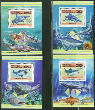 Congo 2013 Sharks Set Of Four Deluxe Souvenir Sheets Nh