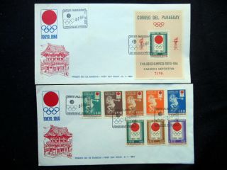 1964 Paraguay Olympic Games Tokyo Japan Set 2 Fdc Covers Sheet & Stamps
