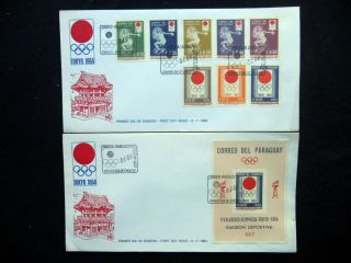 1964 Paraguay Olympic Games Tokyo Japan Set 2 Fdc Covers Imperf Sheet & Stamps