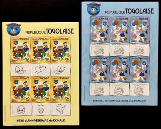 2 Togo Disney Donald Duck Birthday Stamps Sheets 1984 Mnh 50th Anv Fire Fighter