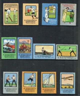 Denmark Poster Stamps - Set Of 12 Sports / Pastimes,  With Cricket,  Golf & Tennis