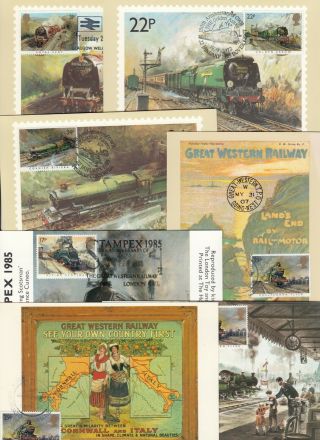 Great Britain Stamps Cancelled On Ten Train Locomotive Theme Postcards