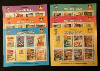 Disney Vintage Donald Duck Movie Posters In Postage Stamps - 6 Sheet Set Mnh