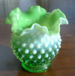 Fenton Green Opalescent Vaseline Hobnail Ruffled Top Edge Vase