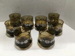 Vintage Libbey Low Ball Glasses Amber Daisies & Wheat Pattern Set Of 8 Stacking