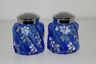 Fenton Hand Painted Cobalt Blue Glass Salt & Pepper Shakers - Signed
