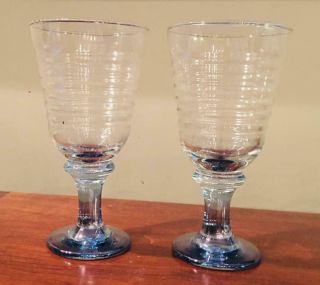 Vintage Libbey Glass Goblets Sirrus Horizontal Rings Iridescent Blue Set Of 2