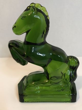 Vintage Mid - Century L.  E.  Smith Green Glass Rearing Horse Single Bookend