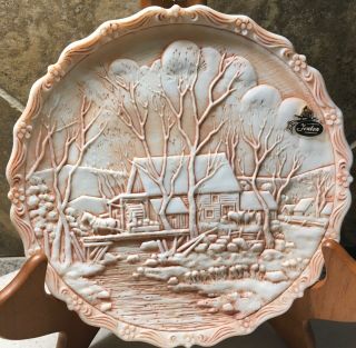 Fenton Vtg Embossed 8” Collector’s Plate 1980 Winter In The Country Grist Mill
