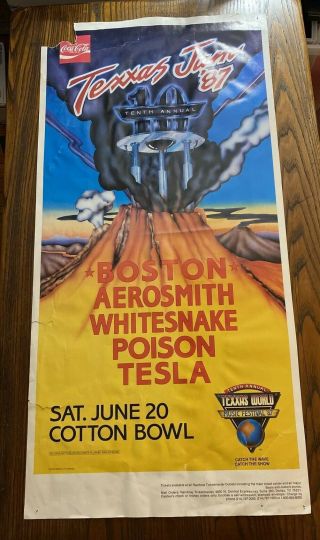 Texxas Jam 1987 Poster Boston Aerosmith Whitesnake Poison Tesla Cotton Bowl Vtg