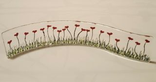 Handmade Freestanding Curved Glass Panel Red Heart Shaped Flowers.  Valentine