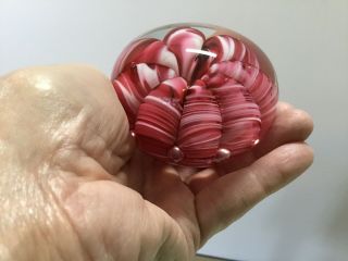 Signed Joe St.  Clair Glass Paperweight Pink Ribbons Contrld Bubbles