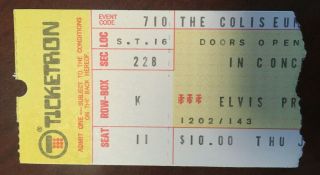 Authentic 1975 Elvis Presley Concert Ticket Stub W/ Certificate Oa