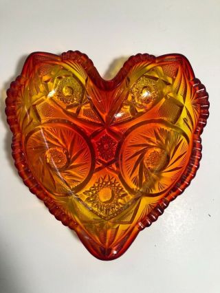 Vtg Ombre Orange Red Fire Depression Era Cut Glass Heart Shape Candy Dish