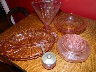 5 Vintage Antique Pink Depression Glass Dishes Flower Frog Vase Jam Dish Bowl