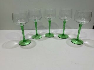 5 Vintage Bohemia Glass Green Twist Stem Wine Glasses 6 3/4 " Czhecoslovakia