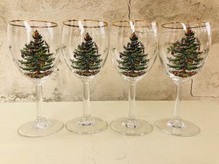 Set Of 4 Vintage Spode Christmas Tree 7 1/4 " Wine Glasses W/gold Rim