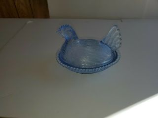 Vintage Indiana Glass Hen On A Nest Light Blue Chicken Candy Nuts Dish Beaded