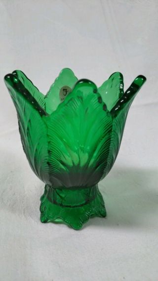 Fenton Emerald Green Two Way Candle Holder Votive Taper Holder Feather Pattern